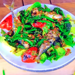 James Martin BBQ mackerel with harissa style sauce, purple sprout broccoli and sugar snap peas recipe