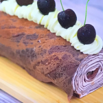 Liam Charles chocolate crepe rolls with mascarpone cream and white chocolate ganache on Junior Bake Off