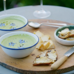 Marcus Wareing green garden soup with watercress, courgettes, borage flowers, sourdough croutons and goats’ cheese recipe