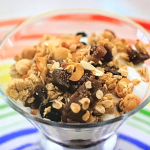 Prue Leith homemade granola with hazelnuts, dried cherries, frozen berries and natural yoghurt recipe