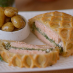 Si King and Dave Myers salmon en croute, with watercress, spinach, cream cheese and dill sauce recipe on The Hairy Bikers Go West