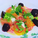 Neil Roster marinated beetroots with Goats curd, truffle and honey dressing on Raymond Blanc’s Royal Kitchen Gardens
