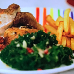 Prue Leith rotisserie chicken and chips with romesco sauce and kale salad recipe