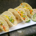 Si King and Dave Myers chipotle prawn tacos with coleslaw and mango salsa recipe on The Hairy Bikers Go West