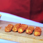 Alexis Conran and Marcus Brigstocke halloumi cheese bites with a mayonnaise and chilli dipping sauce on Air Fryer Made Easy