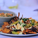 Alexis Conran and Marcus Brigstocke beef nachos with cheese sauce and salsa on Air Fryers Made Easy