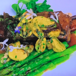 Glynn Purnell surf and turf with beef short ribs, mussels, wild garlic butter and asparagus recipe on James Martin’s Saturday Morning