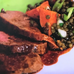 Prue and John’s fast-roast teriyaki lamb with lentils and a sweet potato salad recipe on Prue Leith’s Cotswold Kitchen