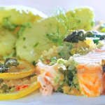 Jamie Oliver stuffed roasted salmon with Jersey Royals, asparagus and garlic pesto recipe on Jamie cooks Spring