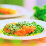 John Torode and Lisa Faulkner Chicken Milanese and Garlic Butter with Spinach and Peas recipe on John and Lisa’s Weekend Kitchen