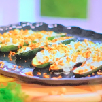 John Torode and Lisa Faulkner courgettes with tzatziki and hazelnuts recipe on John and Lisa’s Weekend Kitchen